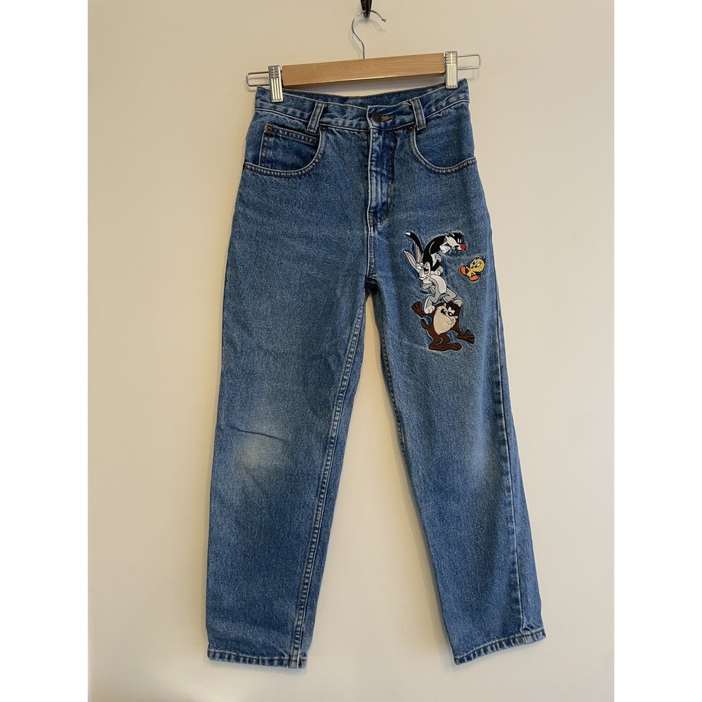 Vintage Looney Tunes Embroidered Jeans Kids Size 10 Blue Denim Taper Warner Bros